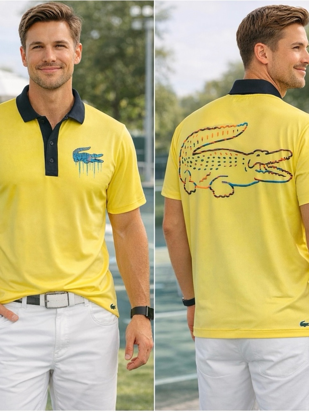 Rare Lacoste Sport Yellow Polo Shirt XL Drip Crocodile Graphic Miami Open